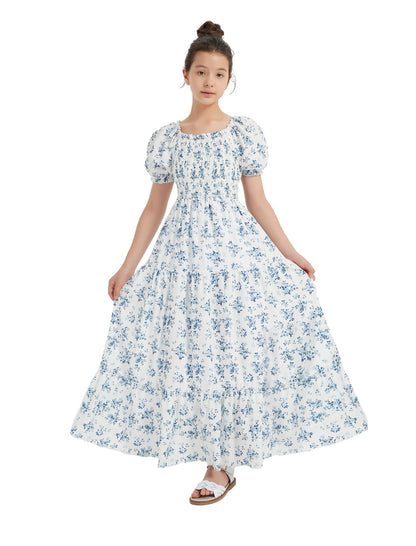 EXARUS Girls Maxi Long Smocked Dress Tween Swiss Dots Summer Square Neck Short Sleeve Casual A-line Dresses for 6-12Y | Tween A-Line Dresses Vacation Beach Sundress Beach Dance Casual Homecoming Party 6-14Y