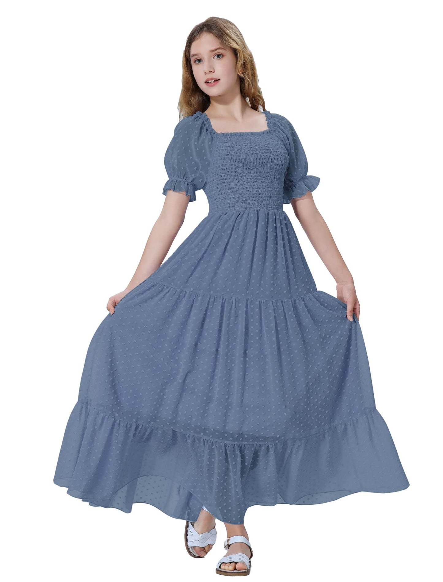 EXARUS Girls Maxi Long Smocked Dress Tween Swiss Dots Summer Square Neck Short Sleeve Casual A-line Dresses for 6-12Y | Tween A-Line Dresses Vacation Beach Sundress Beach Dance Casual Homecoming Party 6-14Y