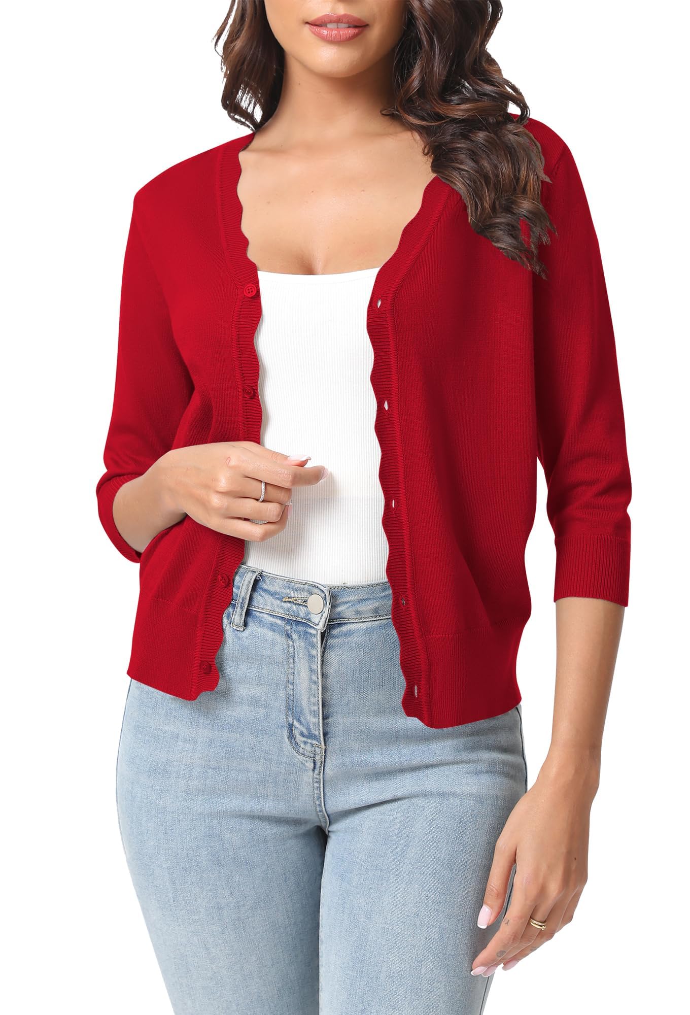 Urban CoCo Woman's 3/4 Sleeve Solid V-Neck Cardigan Sweater for Dress Lightweight Knit Shrugs