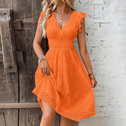 Women's V Neck Sleeveless Hollow Out Lace Ruffle Dress Summer Casual Beach Midi Vacation Dress