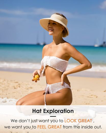 FURTALK Sun Visor Hats for Women Wide Brim Straw Roll Up Ponytail Summer Beach Hat UV UPF 50 Packable Foldable Travel