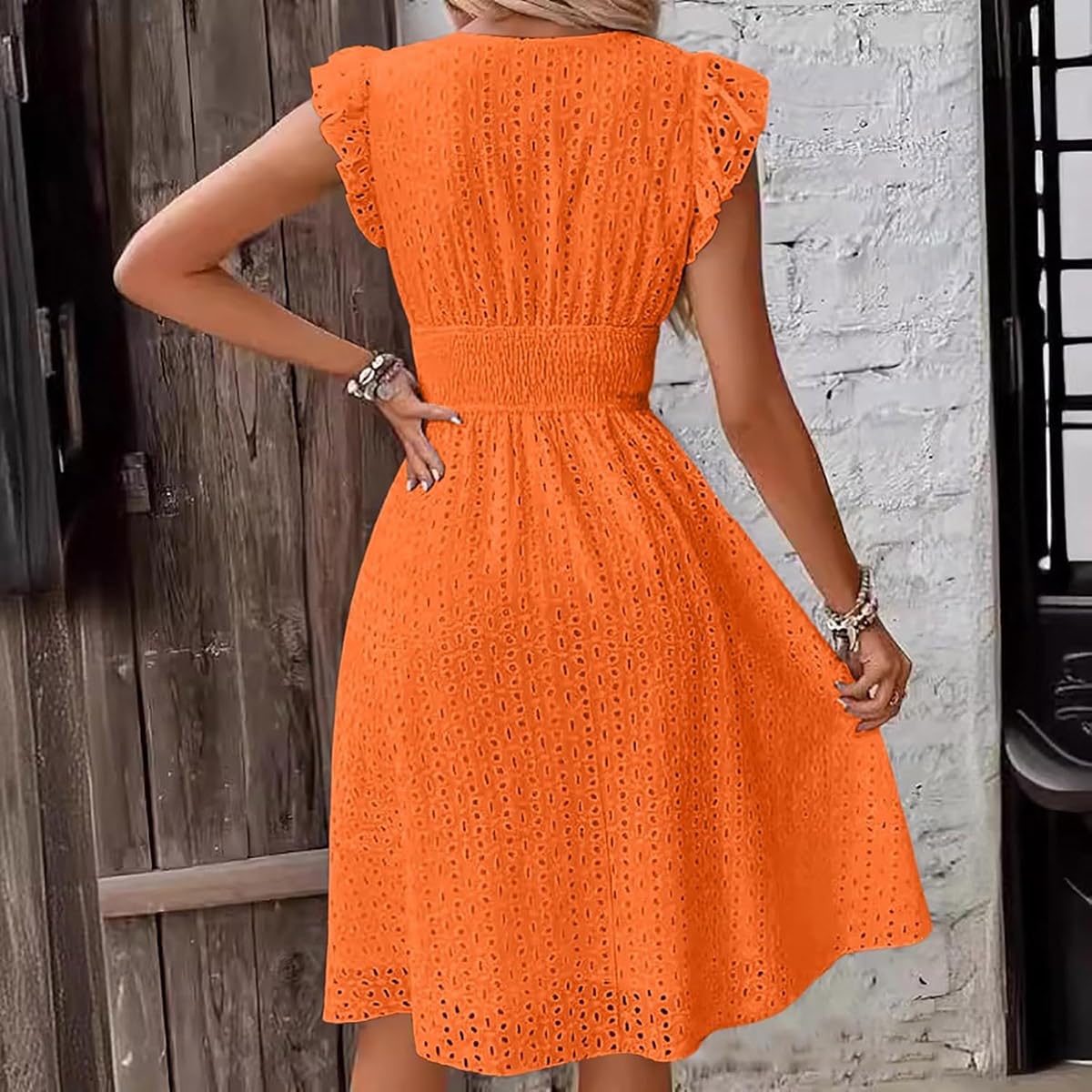 Women's V Neck Sleeveless Hollow Out Lace Ruffle Dress Summer Casual Beach Midi Vacation Dress