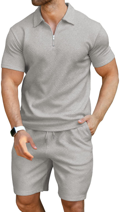 KUYIGO Men's Outfits Two-piece Casual Set Short Sleeve Polo Shirts and Beach Shorts Summer Tracksuits