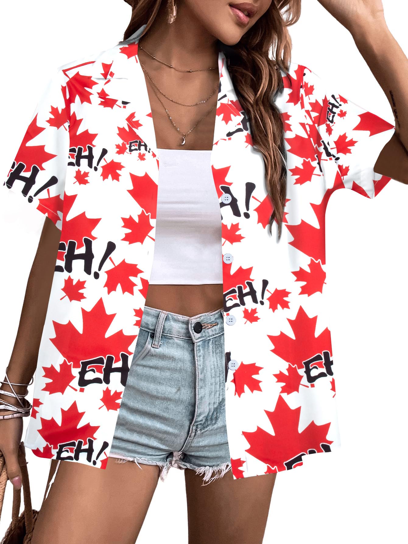 DUTUT Hawaiian Shirts for Women EH Maple Leaf Button Down Shirt Funny Graphic Tshirts Casual Short Sleeve Tops