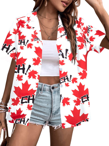 DUTUT Hawaiian Shirts for Women EH Maple Leaf Button Down Shirt Funny Graphic Tshirts Casual Short Sleeve Tops