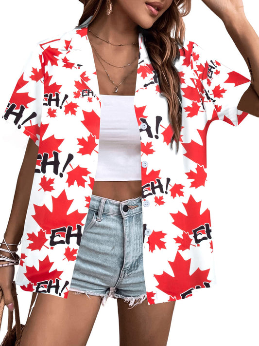 DUTUT Hawaiian Shirts for Women EH Maple Leaf Button Down Shirt Funny Graphic Tshirts Casual Short Sleeve Tops