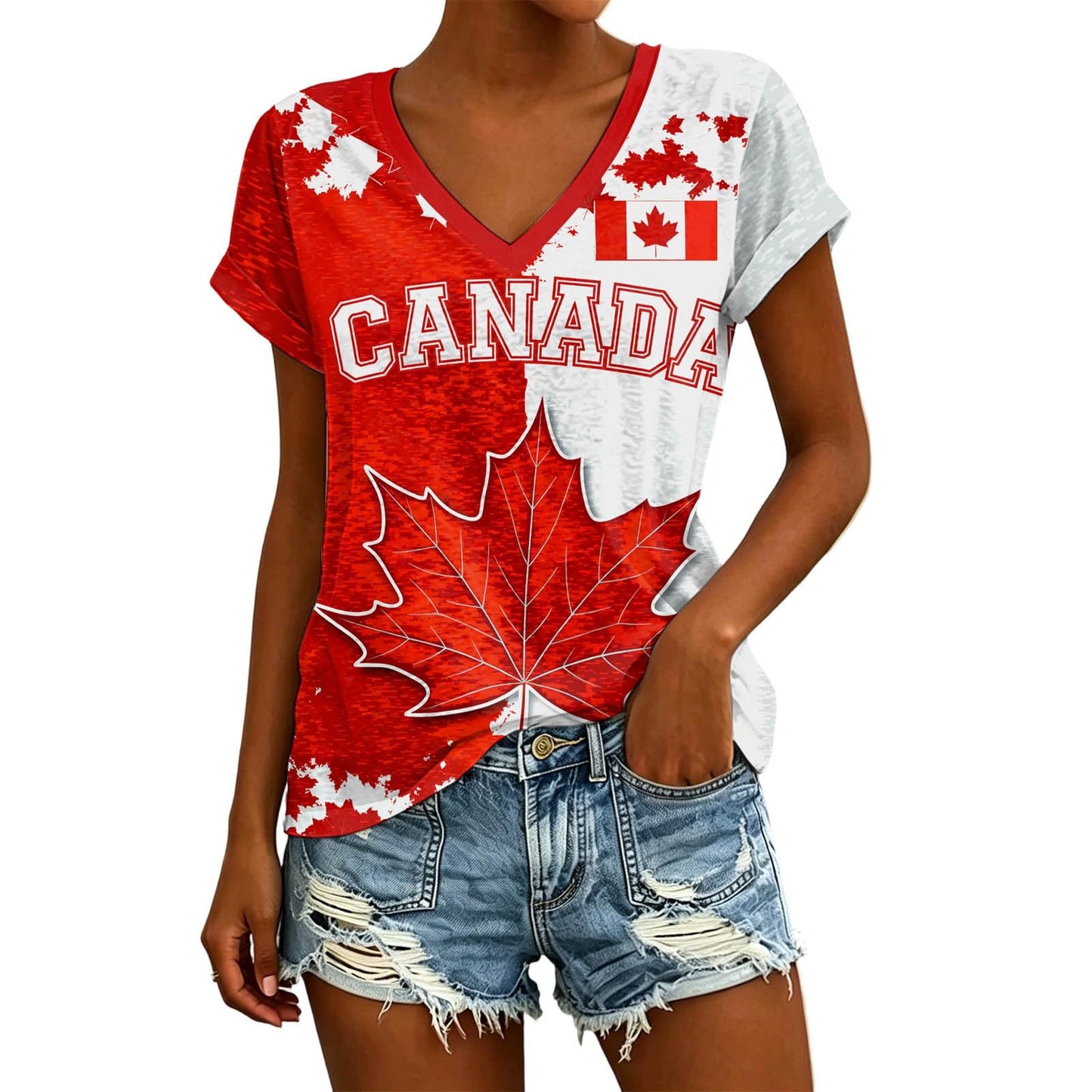 Womens Canada Day Shirts V Neck Short Sleeve Maple Leaf Flag Patriotic Tops Summer Casual Loose 1st July Canadian T-Shirts