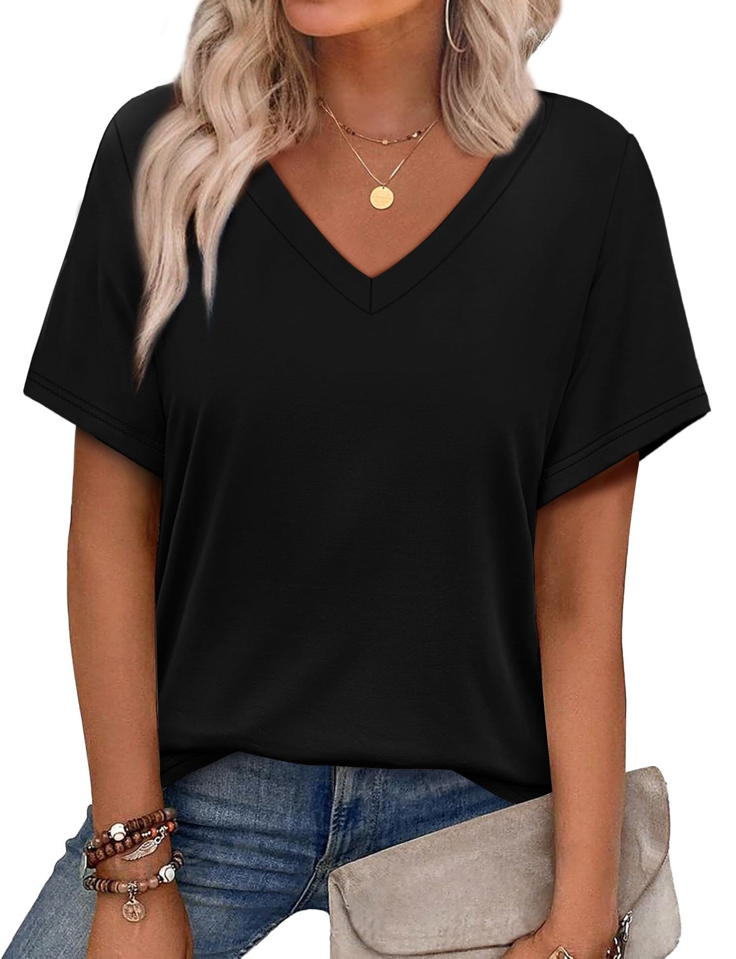 Womens Summer Tops Short Sleeve V Neck Casual T-Shirts Printed Trendy Vacation Outfits