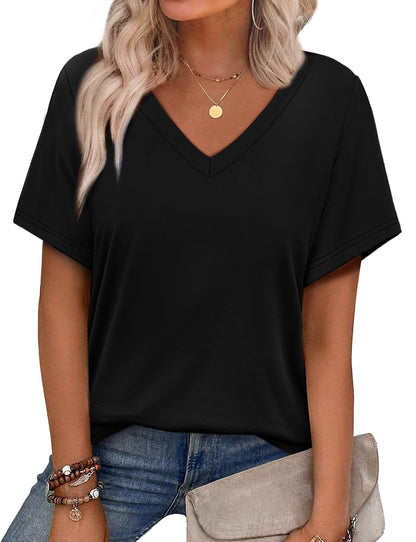 Womens Summer Tops Short Sleeve V Neck Casual T-Shirts Printed Trendy Vacation Outfits