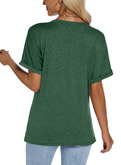 isermeo Womens Tshirts V Neck Short Rolled Sleeve Buttons Tops Tee Solid Blouse Loose Fit 2026 S-XXL