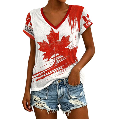 Womens Canada Day Shirts V Neck Short Sleeve Maple Leaf Flag Patriotic Tops Summer Casual Loose 1st July Canadian T-Shirts