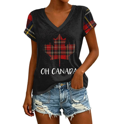 Womens Canada Day Shirts V Neck Short Sleeve Maple Leaf Flag Patriotic Tops Summer Casual Loose 1st July Canadian T-Shirts