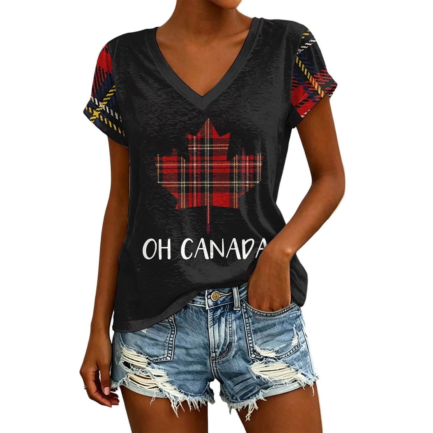 Womens Canada Day Shirts V Neck Short Sleeve Maple Leaf Flag Patriotic Tops Summer Casual Loose 1st July Canadian T-Shirts