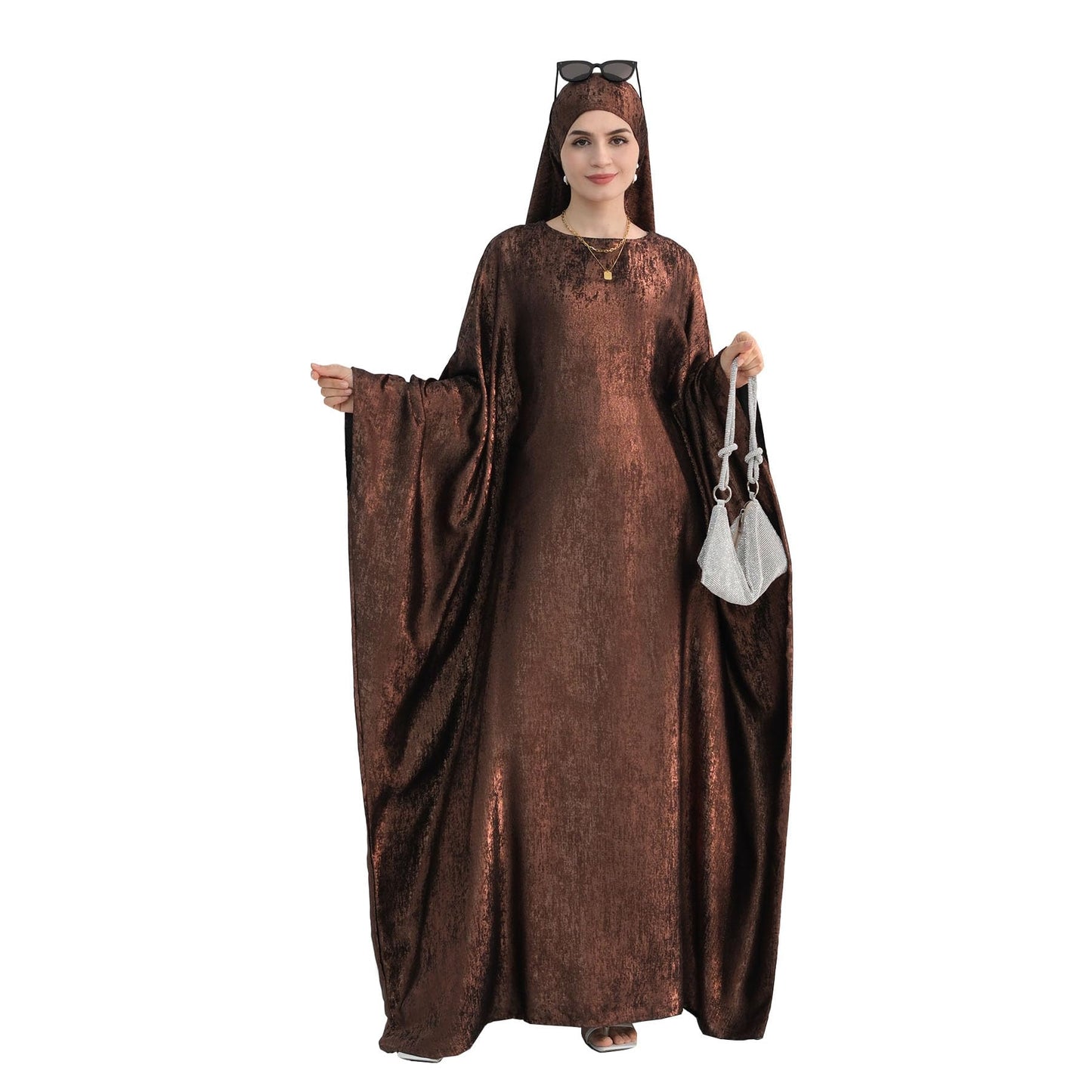 Women Prayer Abaya Dubai Bat Sleeve Dress Islamic Printed Long Robe with Belt