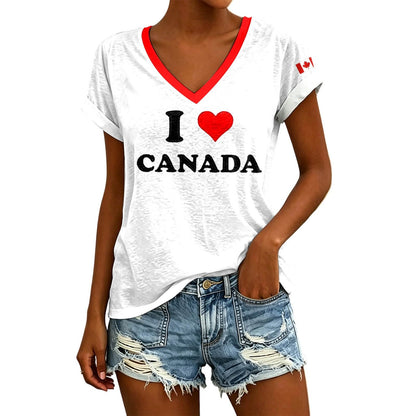 Womens Canada Day Shirts V Neck Short Sleeve Maple Leaf Flag Patriotic Tops Summer Casual Loose 1st July Canadian T-Shirts