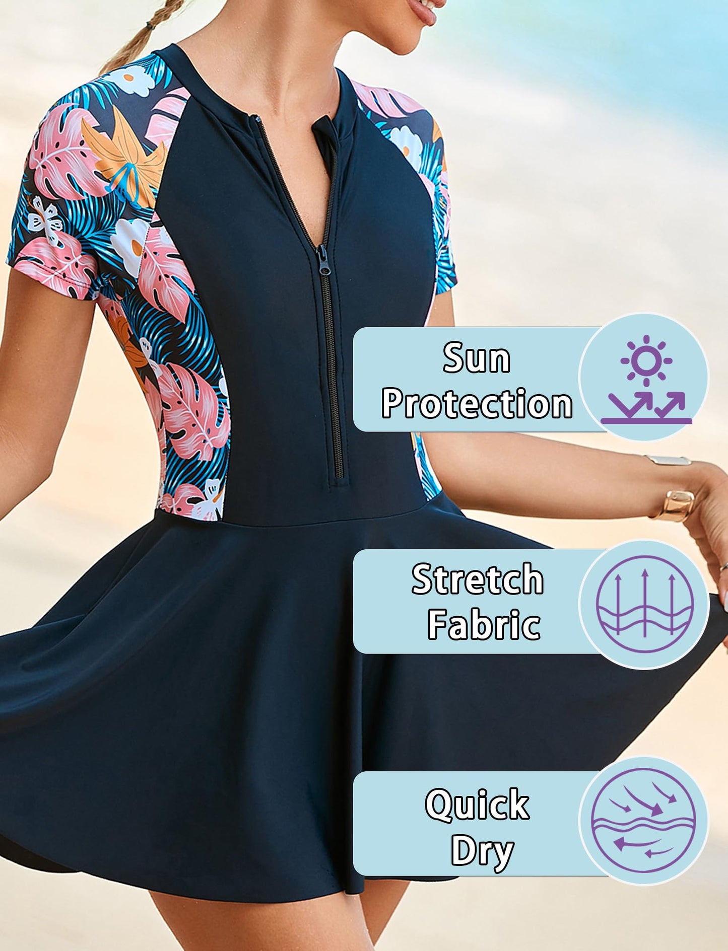 FEOYA Women's Short Sleeve Swimsuits Swim Dress 50+ UPF Rash Guard Modest One Piece Swimwear with Skirt Bathing Suit