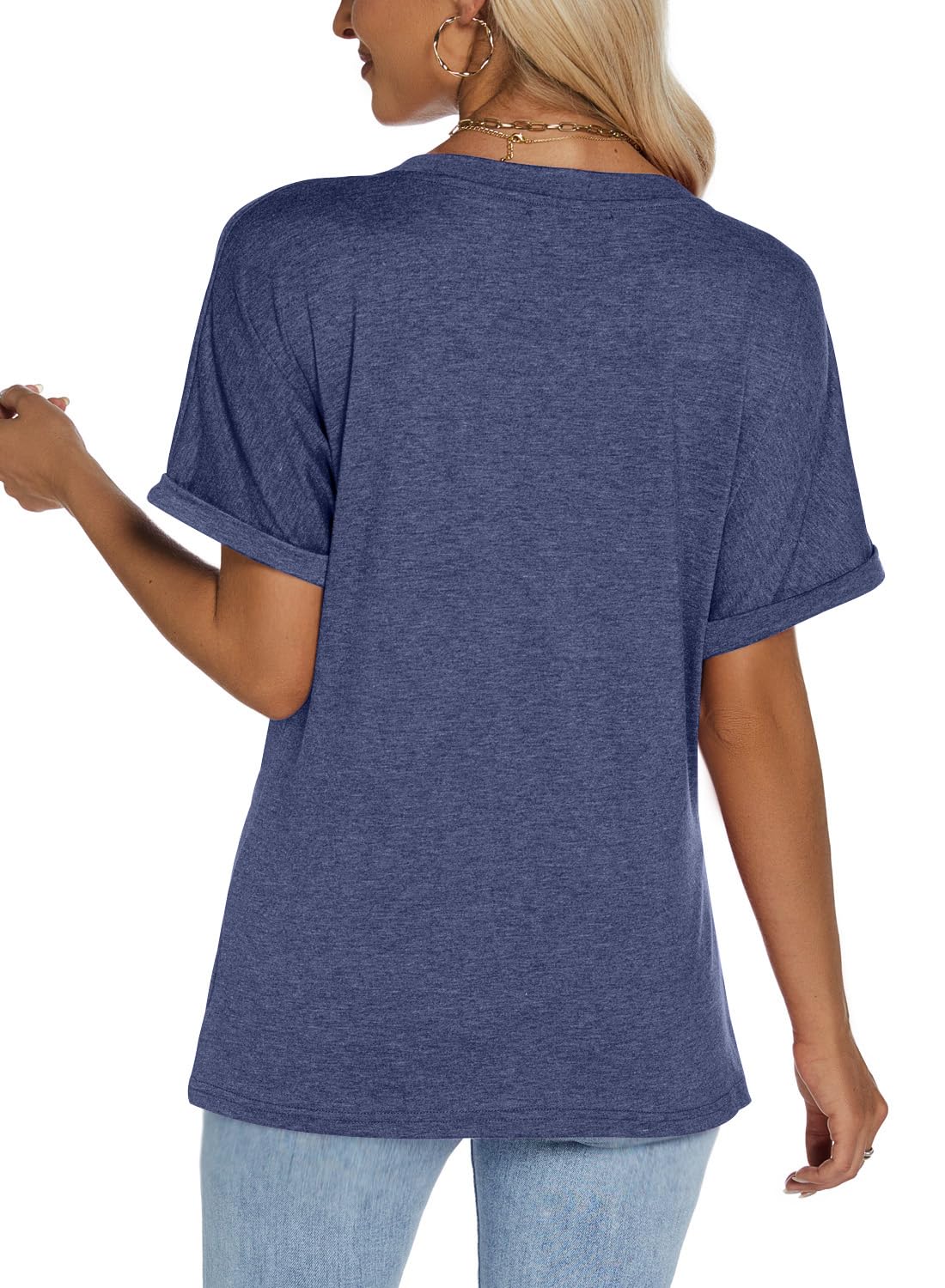 isermeo Womens Tshirts V Neck Short Rolled Sleeve Buttons Tops Tee Solid Blouse Loose Fit 2026 S-XXL