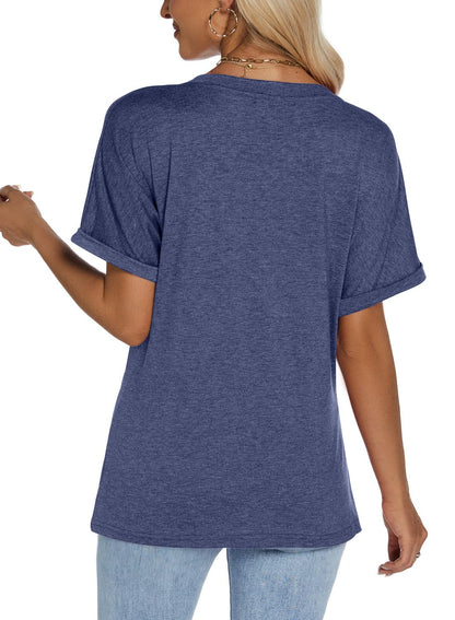 isermeo Womens Tshirts V Neck Short Rolled Sleeve Buttons Tops Tee Solid Blouse Loose Fit 2026 S-XXL