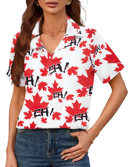 DUTUT Hawaiian Shirts for Women EH Maple Leaf Button Down Shirt Funny Graphic Tshirts Casual Short Sleeve Tops