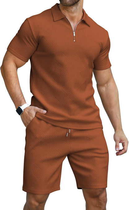 KUYIGO Men's Outfits Two-piece Casual Set Short Sleeve Polo Shirts and Beach Shorts Summer Tracksuits