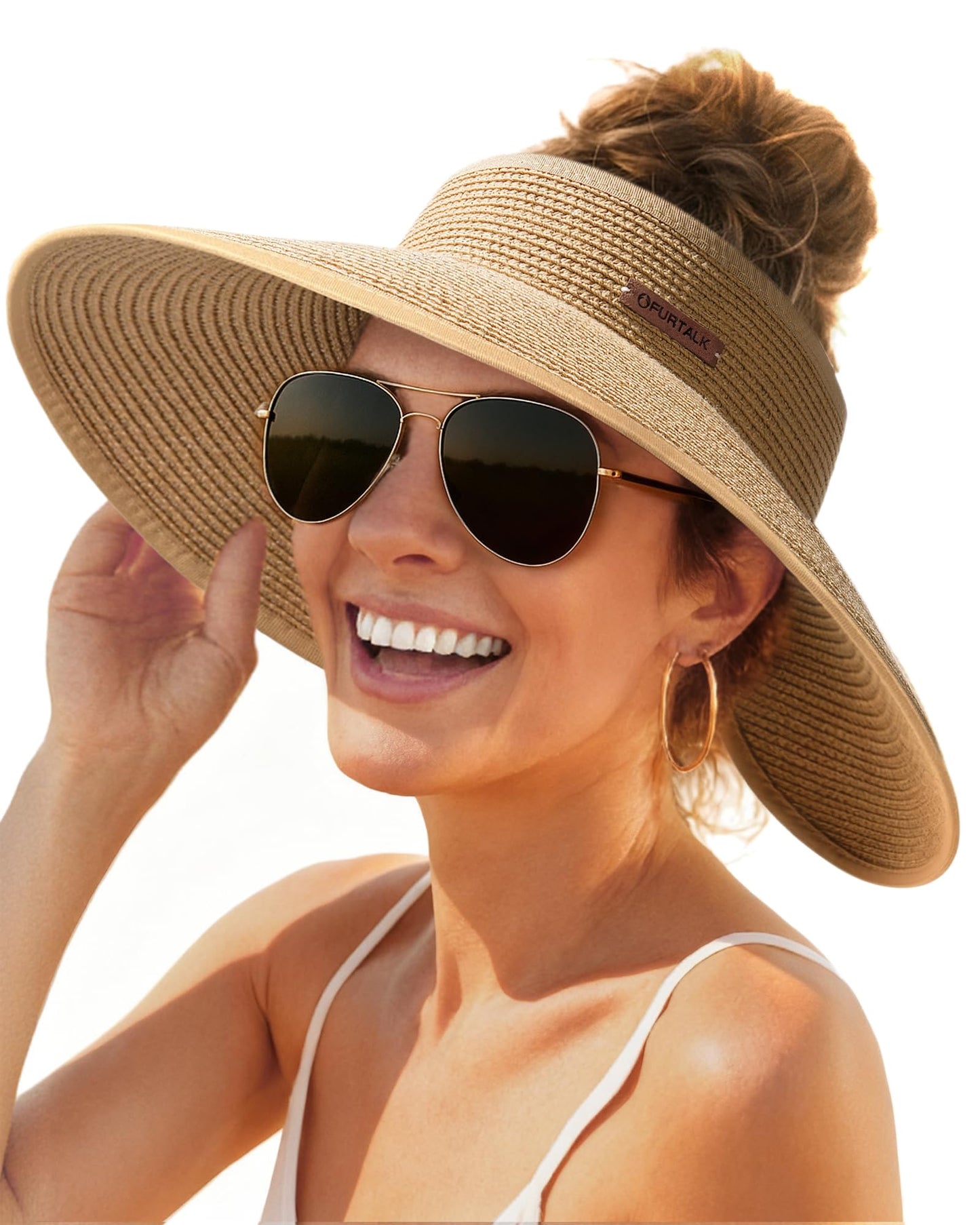 FURTALK Sun Visor Hats for Women Wide Brim Straw Roll Up Ponytail Summer Beach Hat UV UPF 50 Packable Foldable Travel