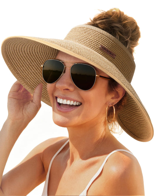 FURTALK Sun Visor Hats for Women Wide Brim Straw Roll Up Ponytail Summer Beach Hat UV UPF 50 Packable Foldable Travel