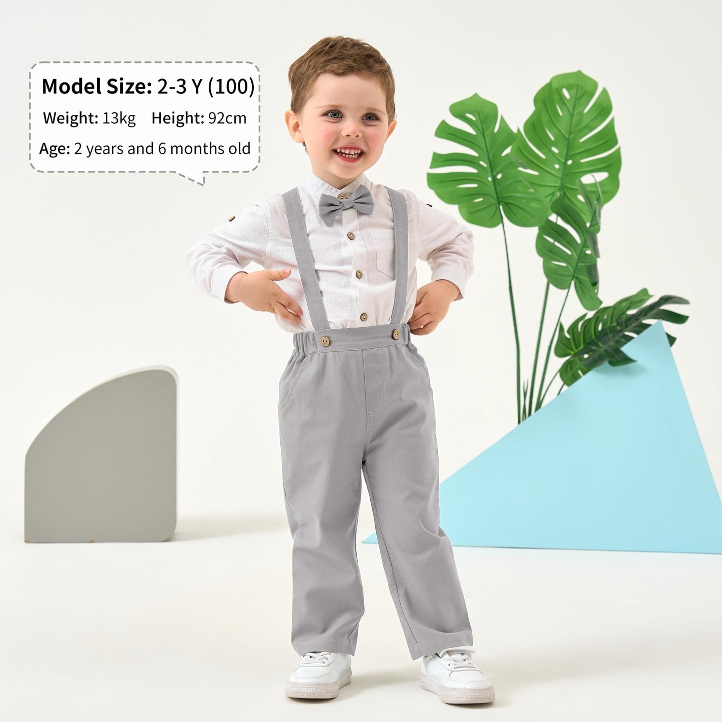 Volunboy Baby Boys Cotton Linen Formal Suspenders Outfits with Bowtie Toddler Long Sleeve Gentleman Wedding Dress Clothes