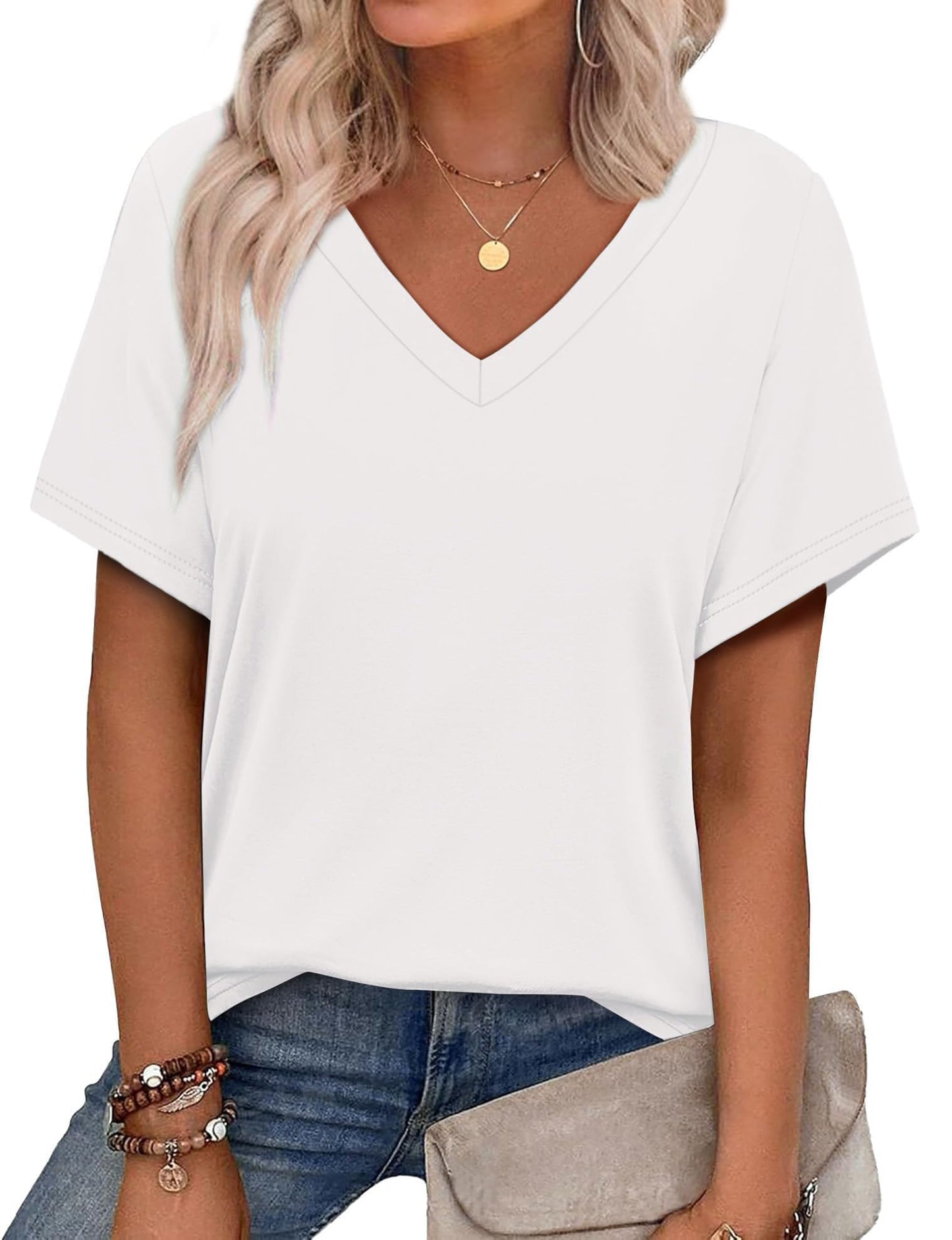 Womens Summer Tops Short Sleeve V Neck Casual T-Shirts Printed Trendy Vacation Outfits