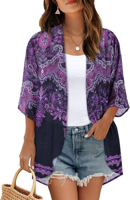 Womens Floral Kimono Cardigan Chiffon Beach Coverups Sheer Swimsuit Cover Up Casual Summer Tops