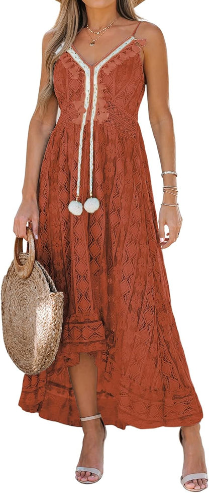 CUPSHE Women's Summer Slip Boho Maxi Dress Lace Up Tassel V-Neck Flare Ruffle Beach Dresses White