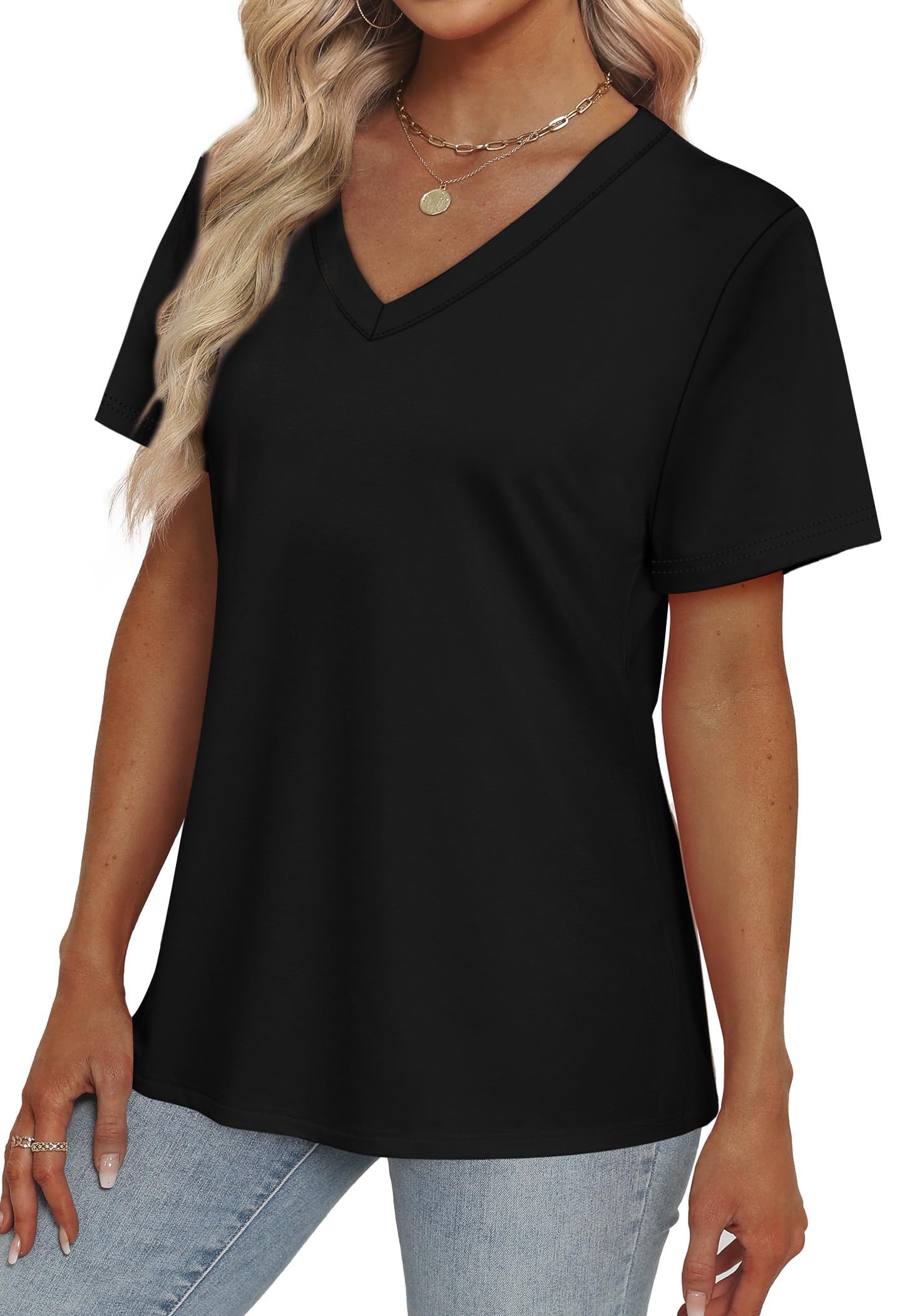 Womens Summer Tops Short Sleeve V Neck Casual T-Shirts Printed Trendy Vacation Outfits