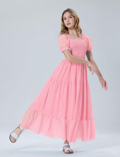 EXARUS Girls Maxi Long Smocked Dress Tween Swiss Dots Summer Square Neck Short Sleeve Casual A-line Dresses for 6-12Y | Tween A-Line Dresses Vacation Beach Sundress Beach Dance Casual Homecoming Party 6-14Y