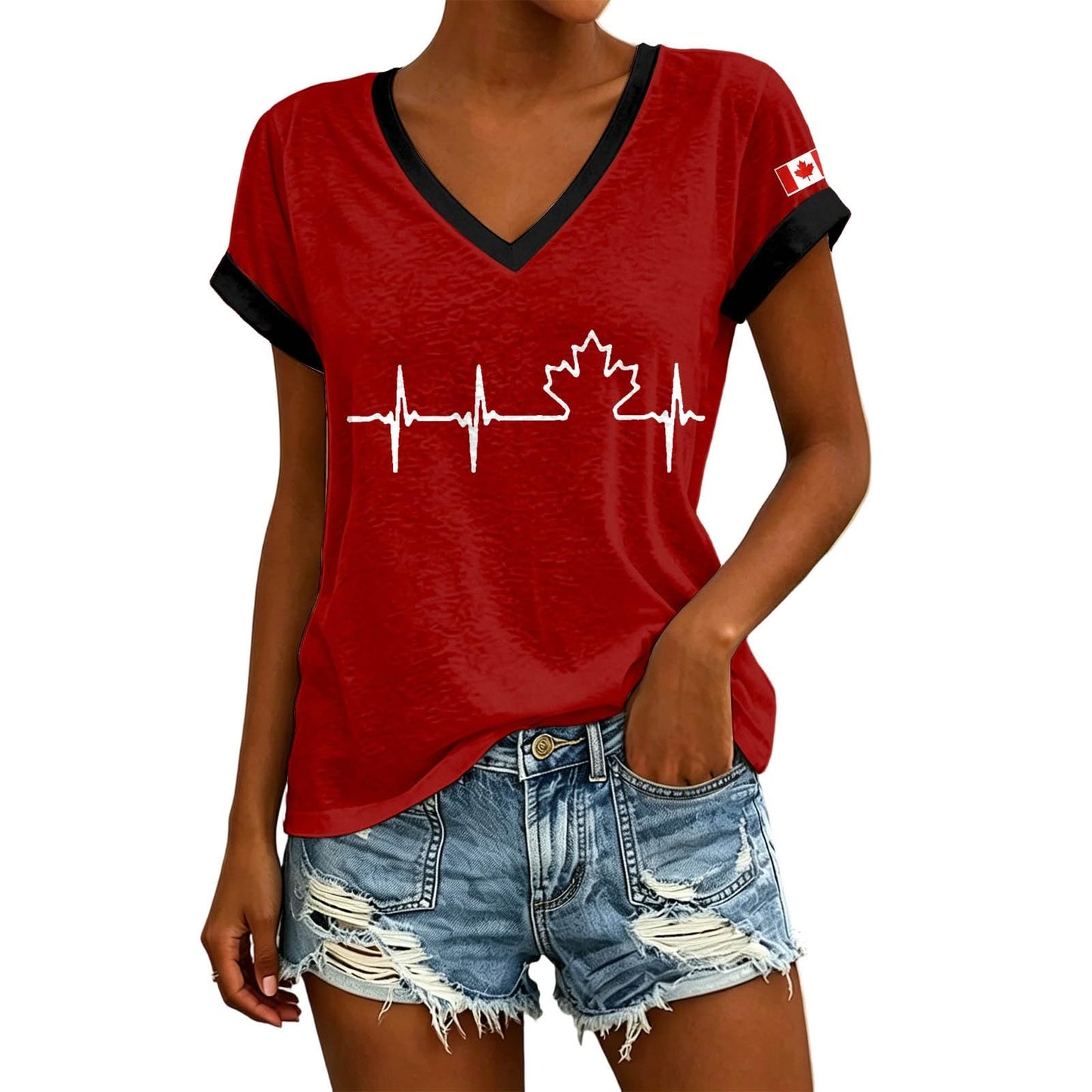 Womens Canada Day Shirts V Neck Short Sleeve Maple Leaf Flag Patriotic Tops Summer Casual Loose 1st July Canadian T-Shirts