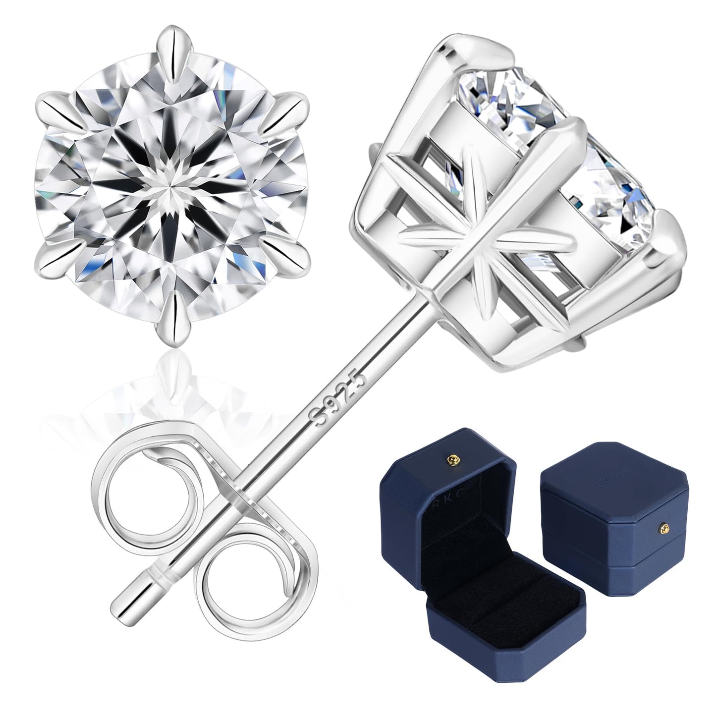 KRKC Moissanite Earrings, Christmas Birthday Gifts with Luxury Box, Hypoallergenic 925 Sterling Silver 14K White Gold Plated, 0.6-3CT D color VVS1 Clarity Lab Created Stud Diamond Earrings for Women