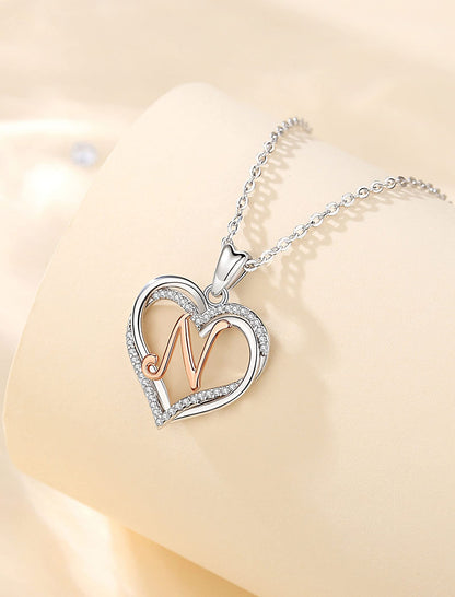 INFUSEU Sterling Silver Heart Initial Pendant Necklaces for Women Girls, Letter A-Z Jewelry Personalized Birthday Name Gifts for Her, 20 Inch Chain