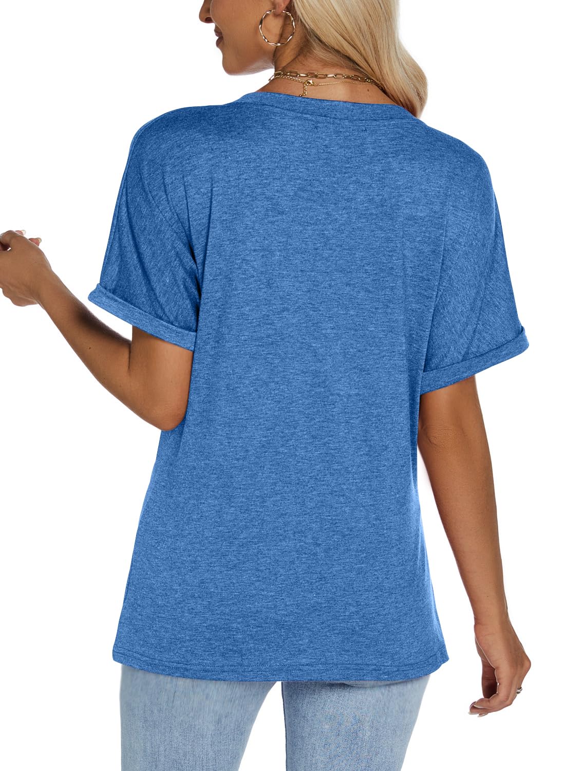 isermeo Womens Tshirts V Neck Short Rolled Sleeve Buttons Tops Tee Solid Blouse Loose Fit 2026 S-XXL