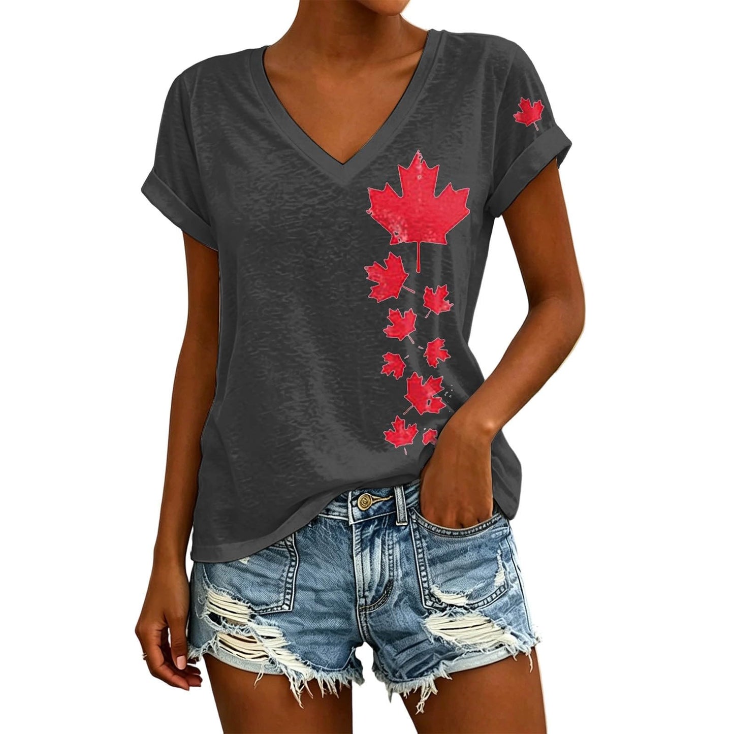 Womens Canada Day Shirts V Neck Short Sleeve Maple Leaf Flag Patriotic Tops Summer Casual Loose 1st July Canadian T-Shirts