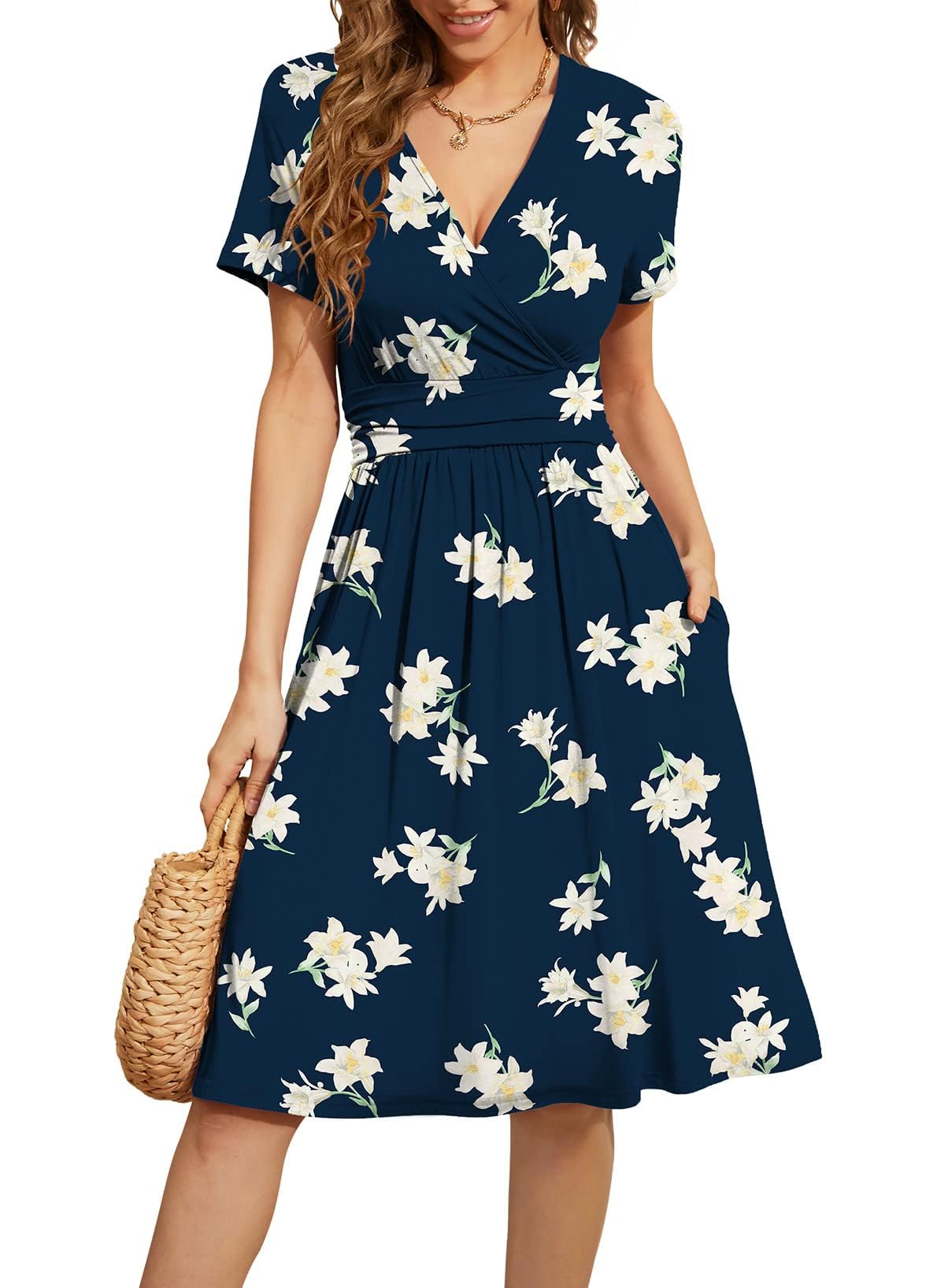 WEACZZY Women's Summer Short Sleeve Casual Dresses V-Neck Floral Party Dress with Pockets
