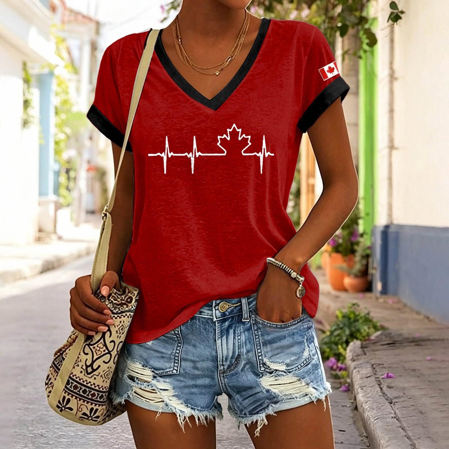 Womens Canada Day Shirts V Neck Short Sleeve Maple Leaf Flag Patriotic Tops Summer Casual Loose 1st July Canadian T-Shirts