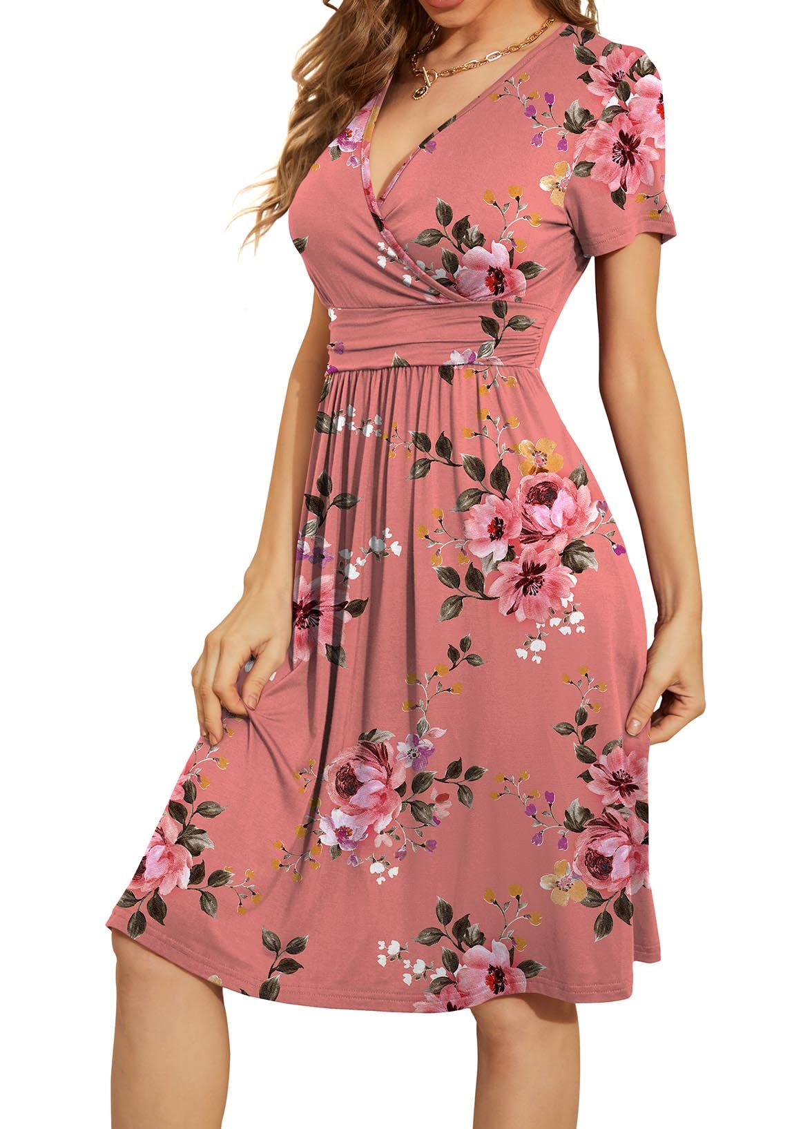 WEACZZY Women's Summer Short Sleeve Casual Dresses V-Neck Floral Party Dress with Pockets