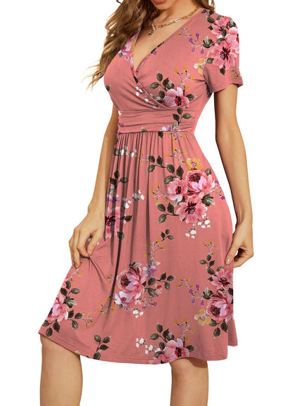 WEACZZY Women's Summer Short Sleeve Casual Dresses V-Neck Floral Party Dress with Pockets