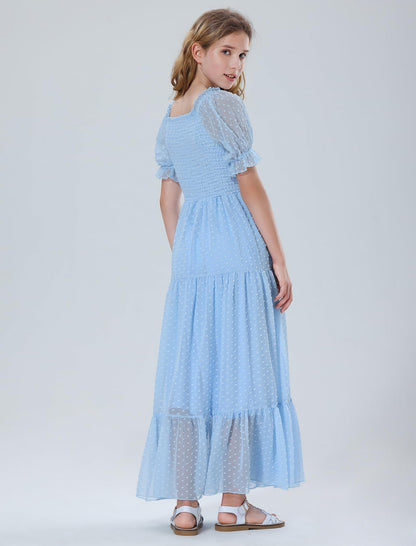 EXARUS Girls Maxi Long Smocked Dress Tween Swiss Dots Summer Square Neck Short Sleeve Casual A-line Dresses for 6-12Y | Tween A-Line Dresses Vacation Beach Sundress Beach Dance Casual Homecoming Party 6-14Y