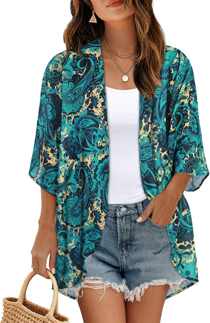 Womens Floral Kimono Cardigan Chiffon Beach Coverups Sheer Swimsuit Cover Up Casual Summer Tops