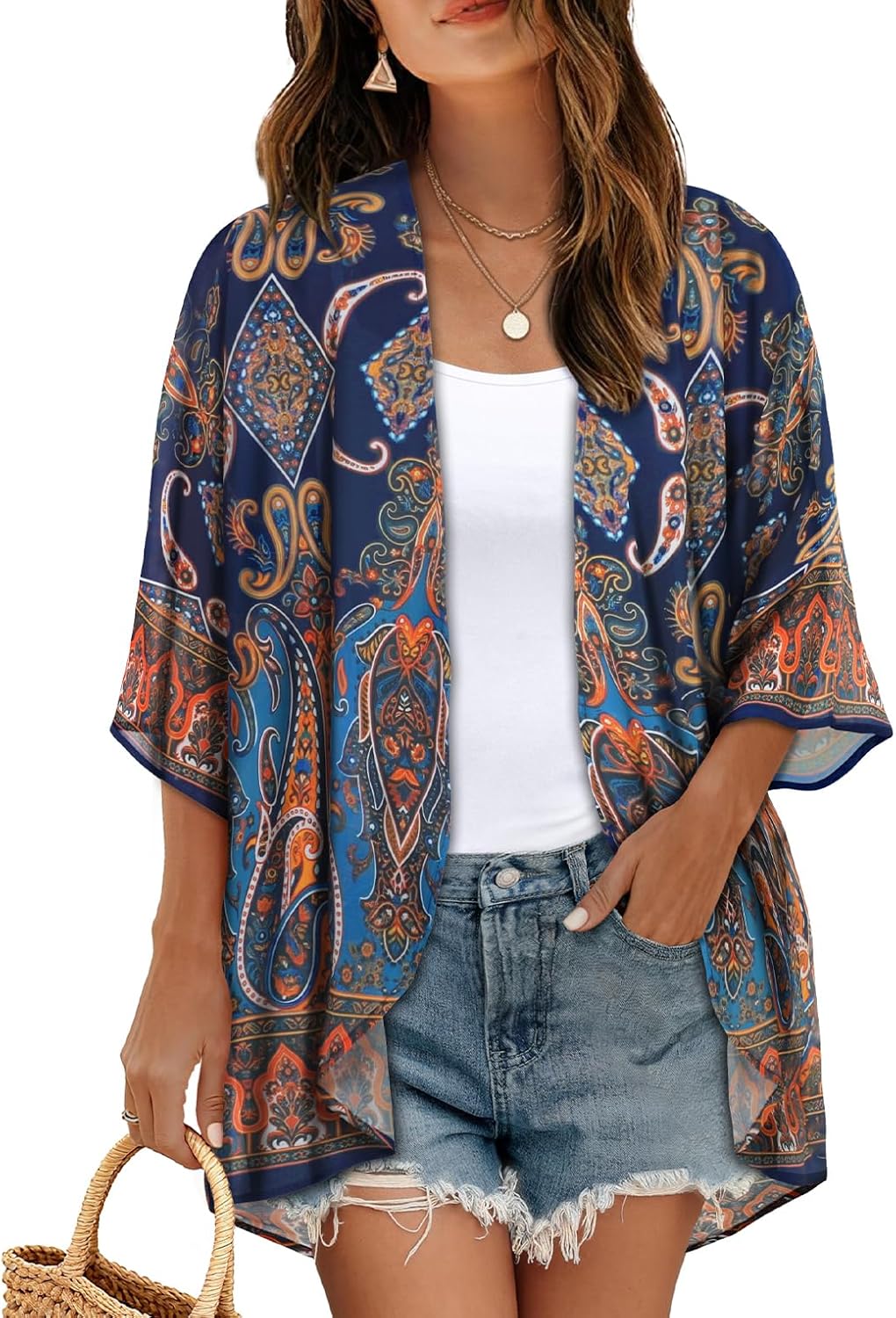 Womens Floral Kimono Cardigan Chiffon Beach Coverups Sheer Swimsuit Cover Up Casual Summer Tops