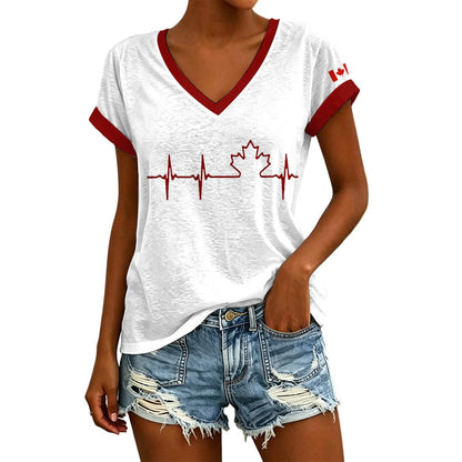 Womens Canada Day Shirts V Neck Short Sleeve Maple Leaf Flag Patriotic Tops Summer Casual Loose 1st July Canadian T-Shirts