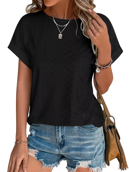 Womens Tops Eyelet Embroidery Summer Spring Crewneck Curved Hem 2025 Casual Cap Short Sleeve Tunic Trendy T Shirts