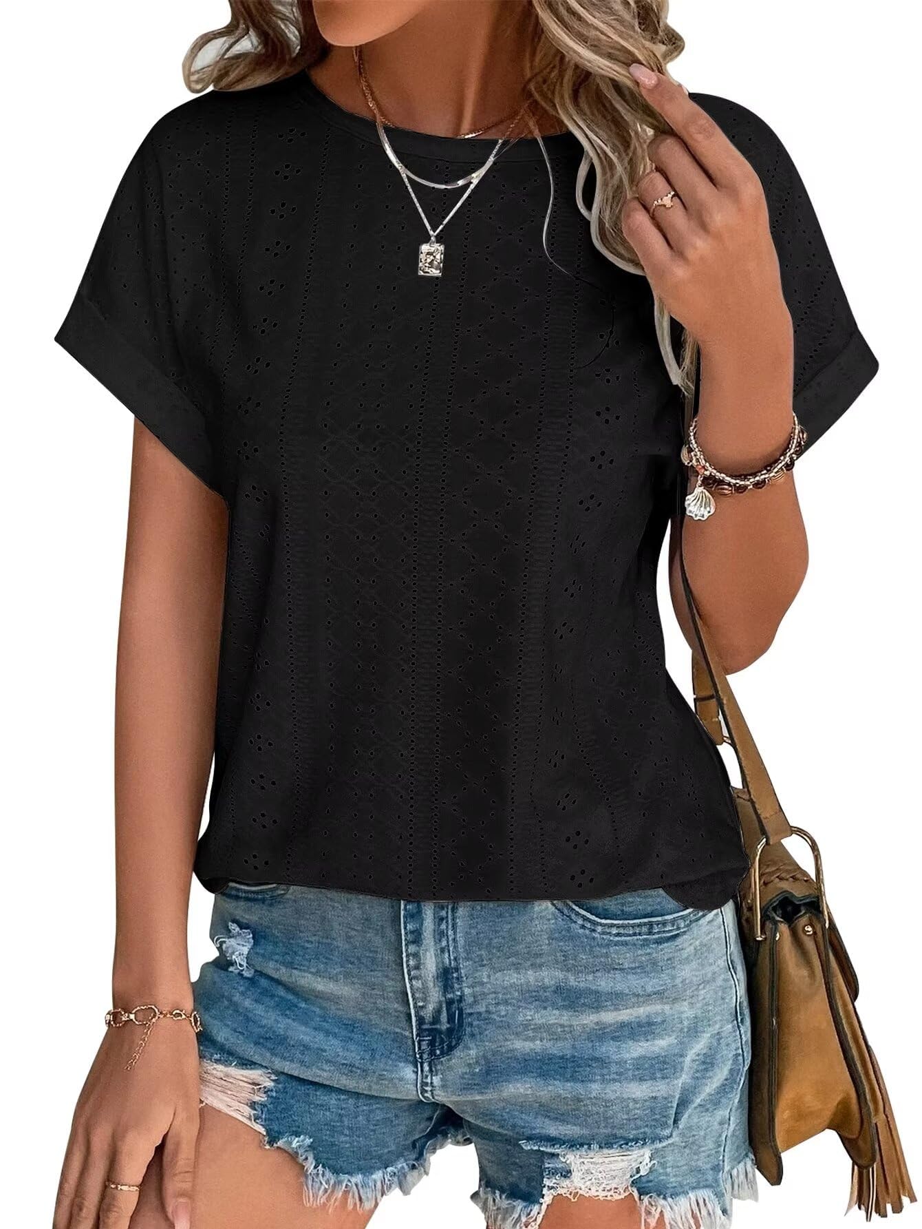 Womens Tops Eyelet Embroidery Summer Spring Crewneck Curved Hem 2025 Casual Cap Short Sleeve Tunic Trendy T Shirts