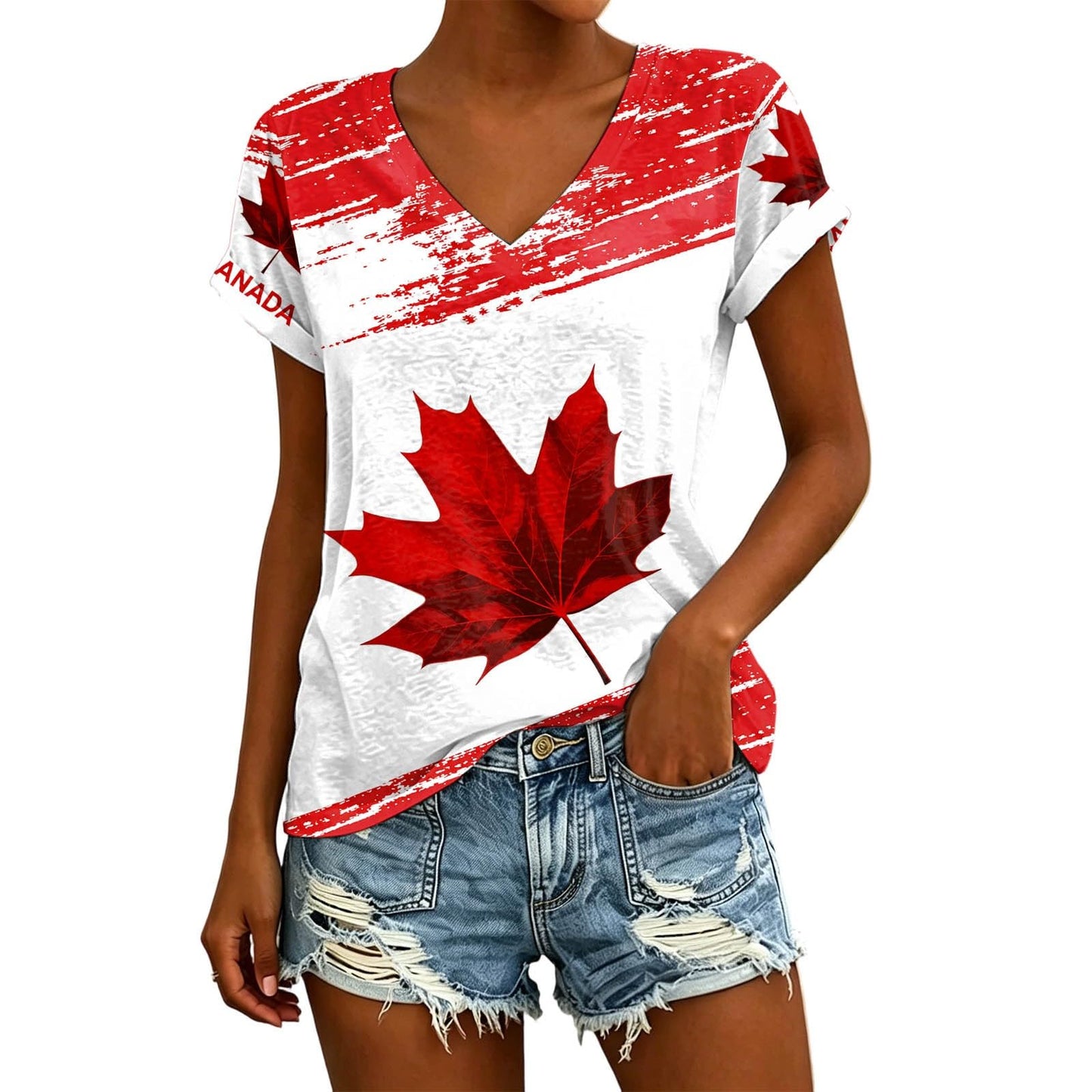 Womens Canada Day Shirts V Neck Short Sleeve Maple Leaf Flag Patriotic Tops Summer Casual Loose 1st July Canadian T-Shirts