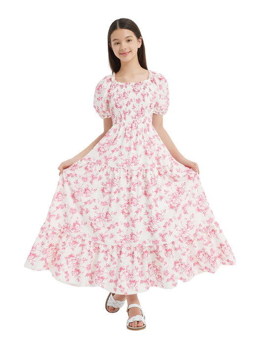 EXARUS Girls Maxi Long Smocked Dress Tween Swiss Dots Summer Square Neck Short Sleeve Casual A-line Dresses for 6-12Y | Tween A-Line Dresses Vacation Beach Sundress Beach Dance Casual Homecoming Party 6-14Y