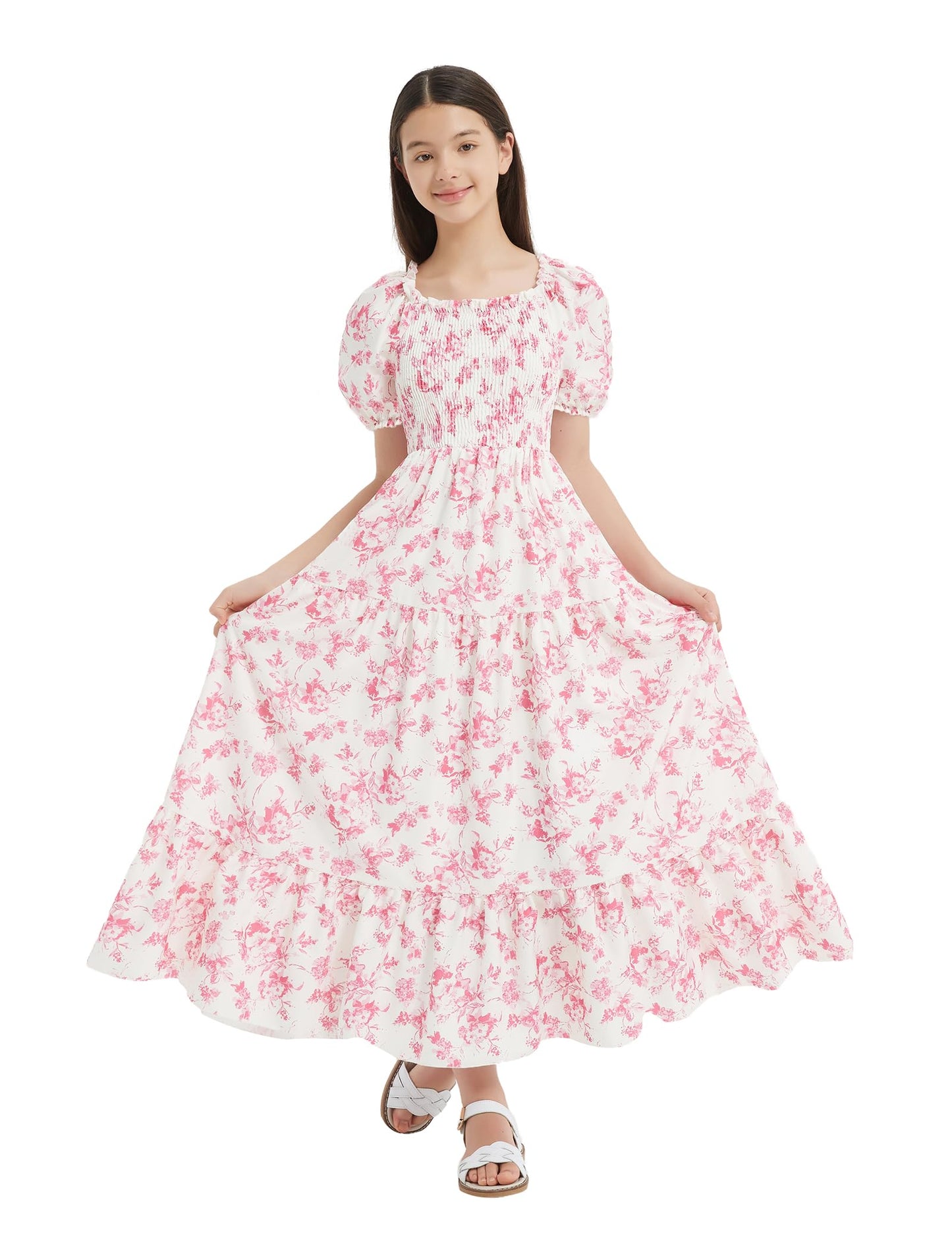 EXARUS Girls Maxi Long Smocked Dress Tween Swiss Dots Summer Square Neck Short Sleeve Casual A-line Dresses for 6-12Y | Tween A-Line Dresses Vacation Beach Sundress Beach Dance Casual Homecoming Party 6-14Y